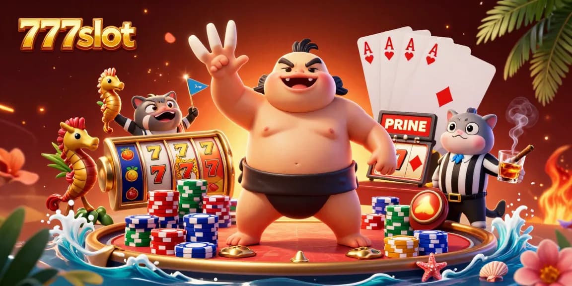 Menghidupkan momen kemenangan 777slot dengan simbol slot dan karakter ceria dalam ilustrasi kasino yang menakjubkan.