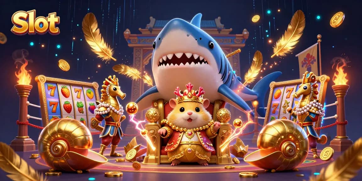 Spin the Slot reels with the fierce hamster king and his seahorse guards in this vibrant casino illustration.