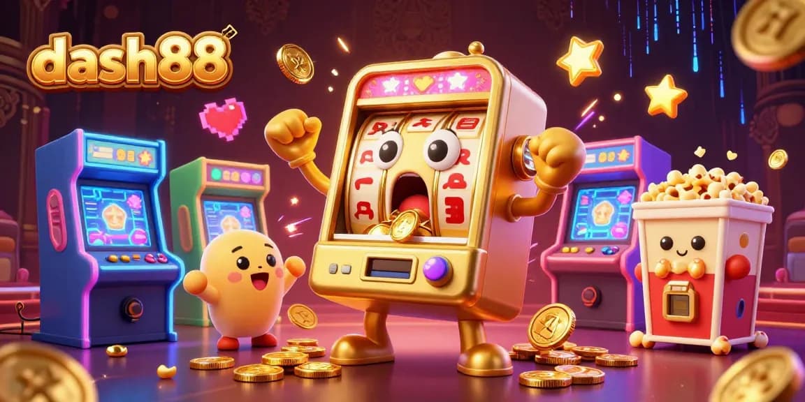 Experience excitement at dash88 with a golden slot machine hitting the jackpot amid vibrant casino elements.