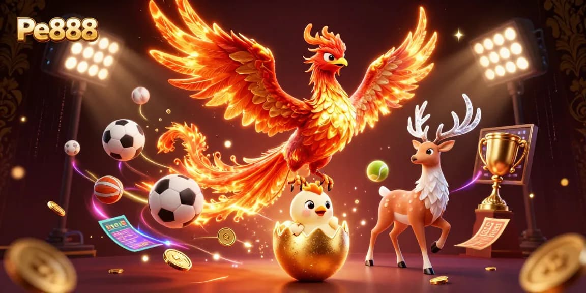 Experience Pe888's thrilling casino spirit with energetic phoenix, vibrant sports elements, and golden treasures.