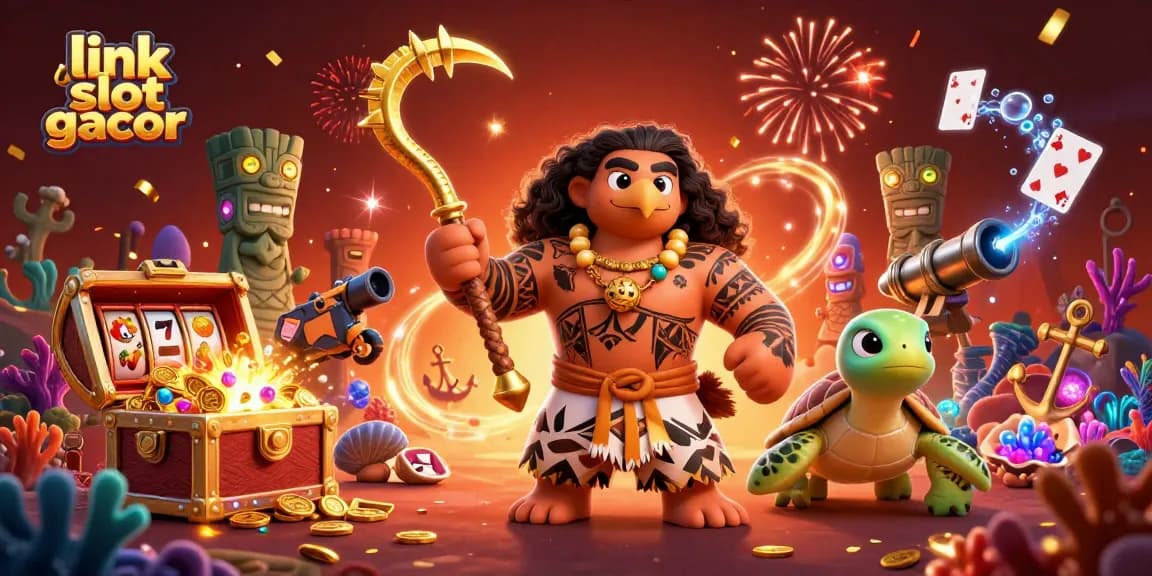Engage in excitement with link slot gacor as the demigod and turtle showcase rich slot elements in a vibrant scene.