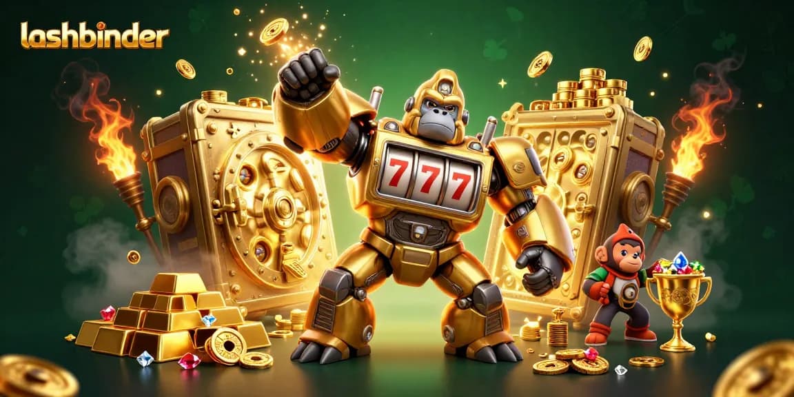 Experience big wins with lashbinder's thrilling slot machine-themed illustration, featuring a golden gorilla mech.