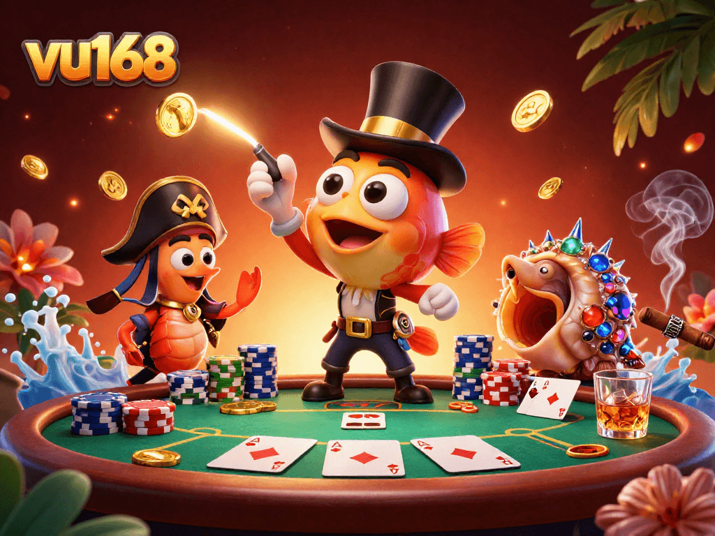 Catch golden coins with vu168's exciting 3D deep-sea casino illustration featuring engaging game elements.