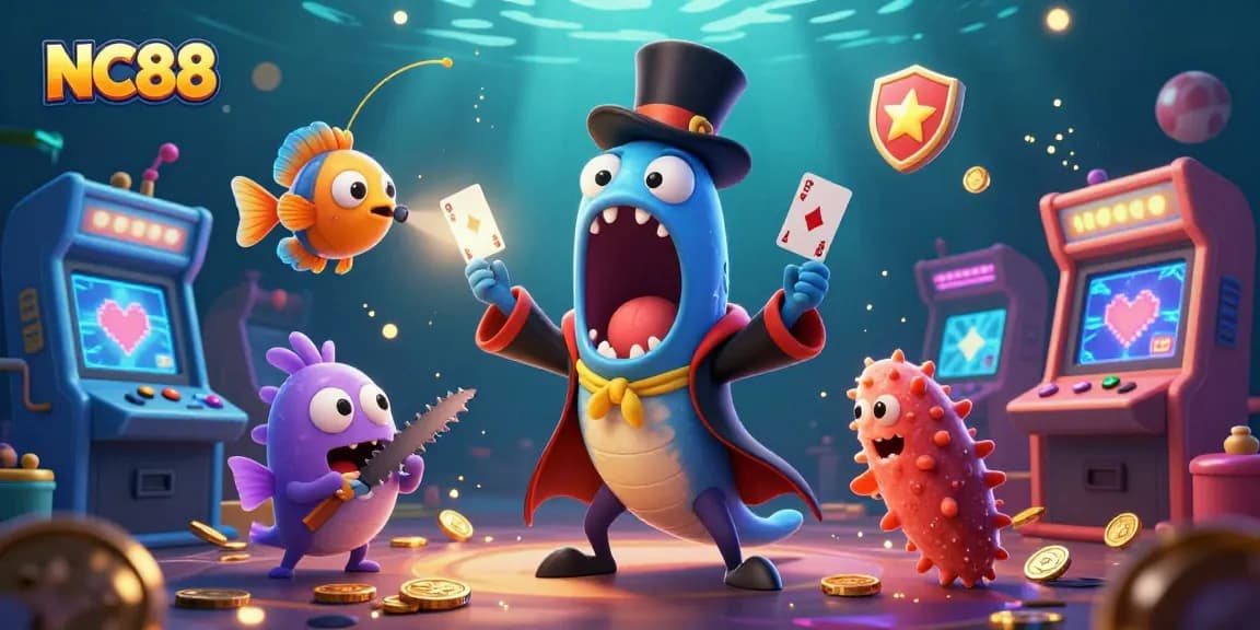 Experience thrilling games at NC88 with a bioluminescent eel performing magic tricks in a vibrant casino scene.