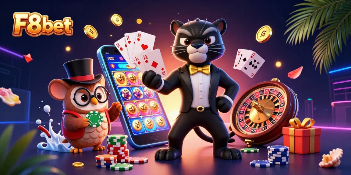 Play with F8bet in a vivid casino scene featuring a tuxedoed panther, casino items, and a vibrant backdrop.