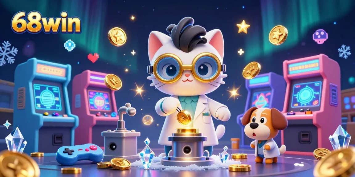 Experience the thrills of 68win with a 3D casino scene featuring a mad scientist cat and dog amidst vibrant gaming chaos.