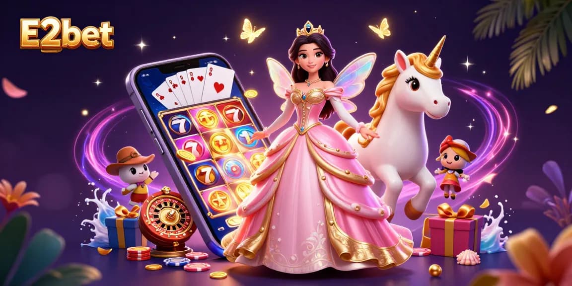 E2bet delivers an enchanting gaming experience with a glamorous Asian woman, golden unicorn, and slot games.