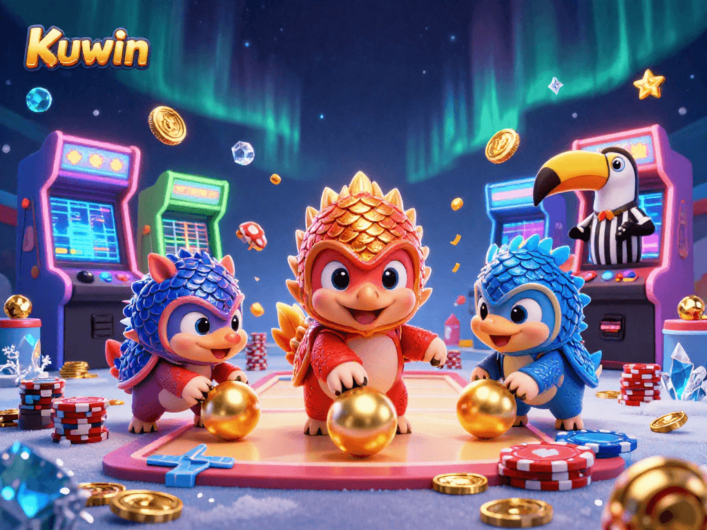 Engage with Kuwin's exciting world of gambling as rival pangolins roll golden balls through poker chips in this 3D illustration.