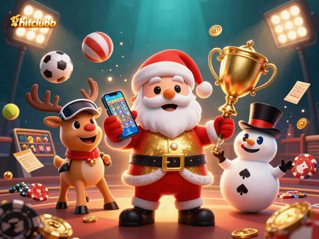 Play games at hitclubb casino with Santa Claus, trophy, and dynamic sports elements.