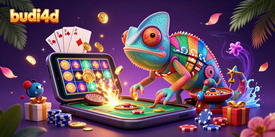 Engage with budi4d's vibrant casino scene featuring a chameleon owner and dynamic game elements.