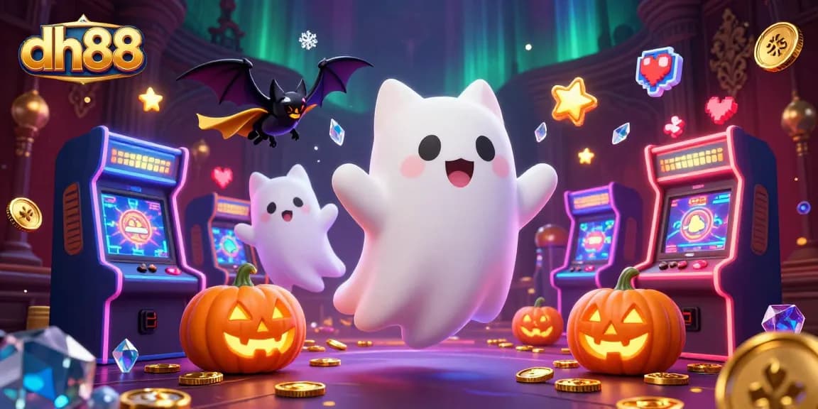 Engage with thrilling games at dh88, featuring a lively ghost cat and enchanting casino elements.