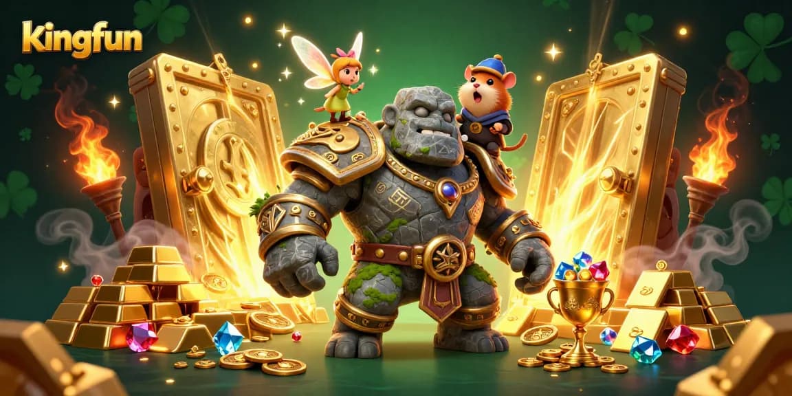 Experience kingfun's epic adventure with a golem guardian, glittering treasures, and magical elements.