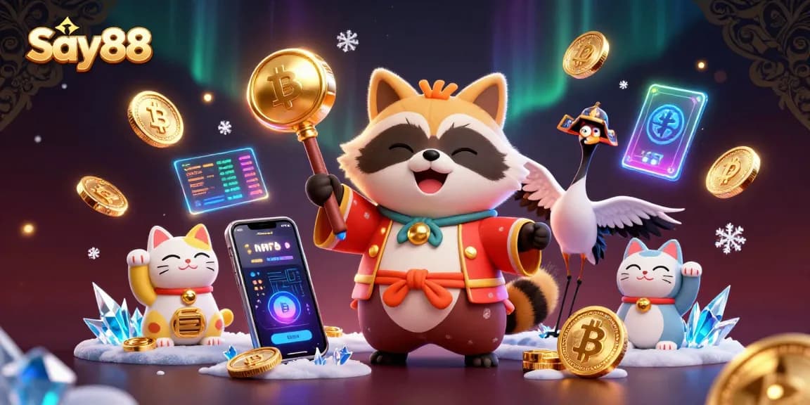 Experience the excitement of Say88 with cheerful characters and vibrant casino elements in this dynamic 3D illustration.