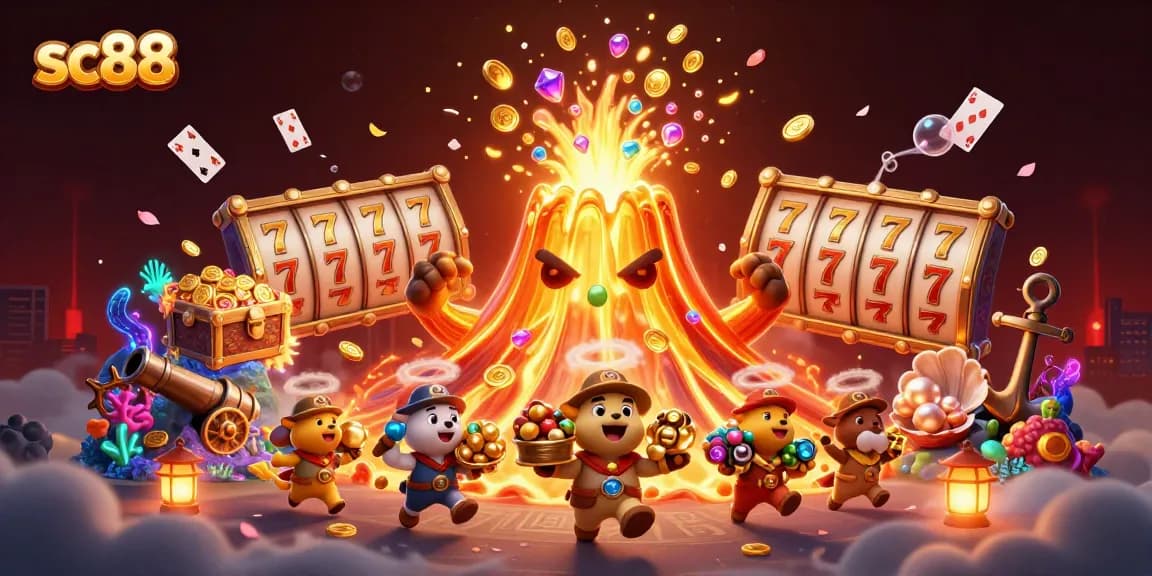 Experience thrilling wins at sc88 with a dynamic 3D volcano erupting treasure amidst casino elements.