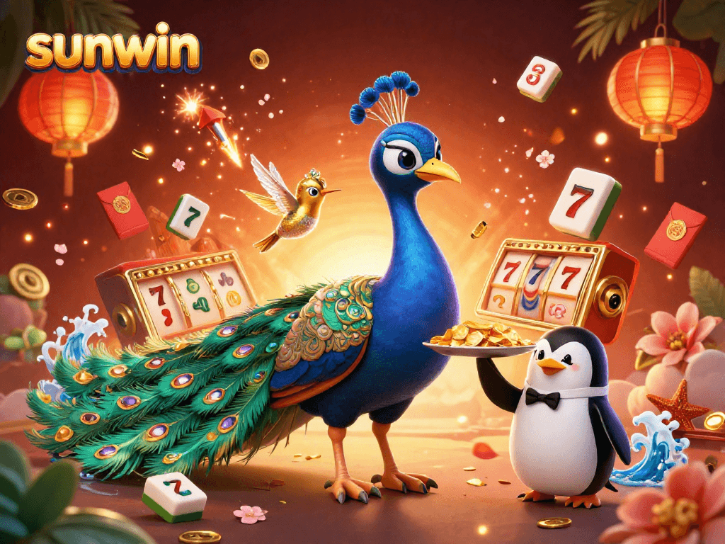 Experience the excitement of sunwin with a vibrant 3D casino scene featuring majestic characters and dynamic game elements.