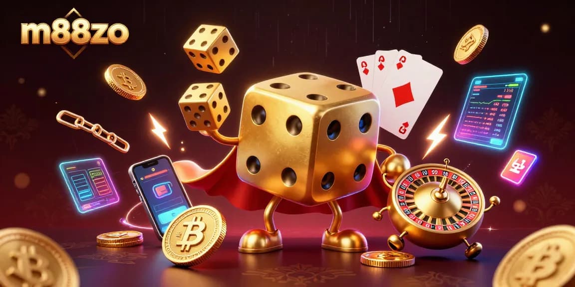 Experience thrilling wins at m88zo with vibrant 3D illustration of casino action and crypto excitement.