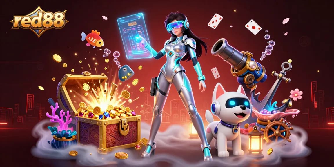 Engage in thrilling gameplay with red88's dynamic 3D scene featuring vibrant casino elements and characters.