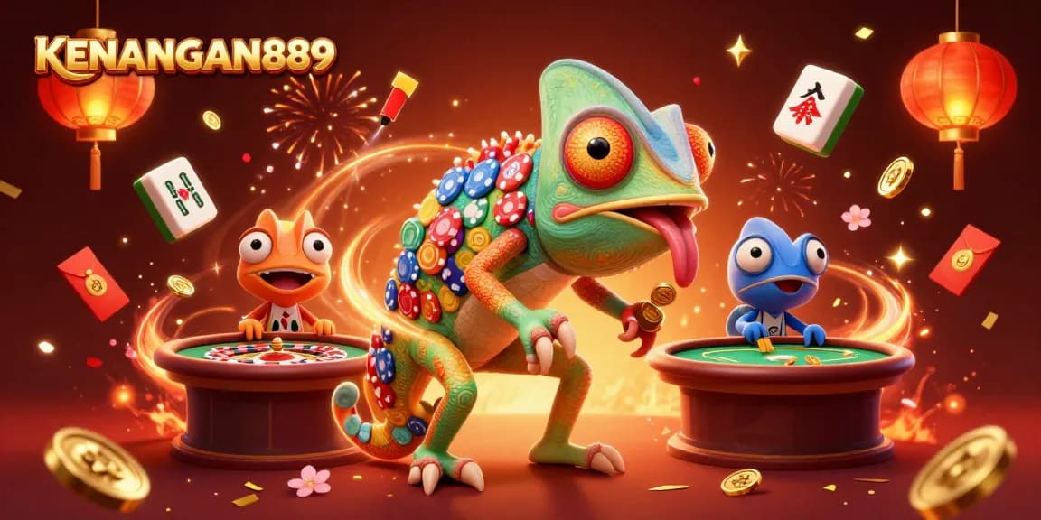Engage with KENANGAN889's vibrant casino world, featuring cartoon chameleon and festive celebration.