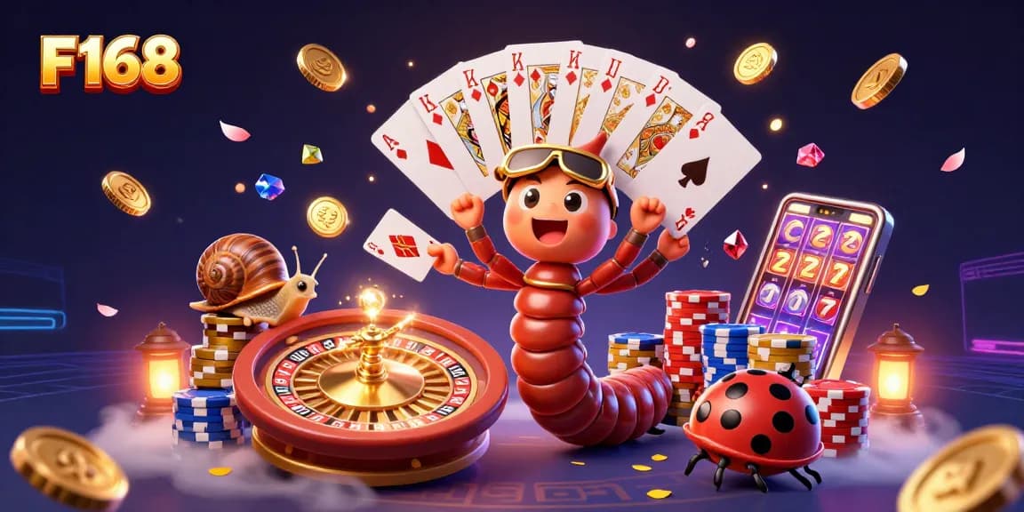 Experience F168 excitement with a vibrant 3D casino scene showcasing unique game elements and characters.