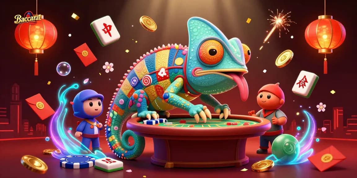 Baccarat game scene showing a colorful chameleon casino owner amidst vibrant casino elements.