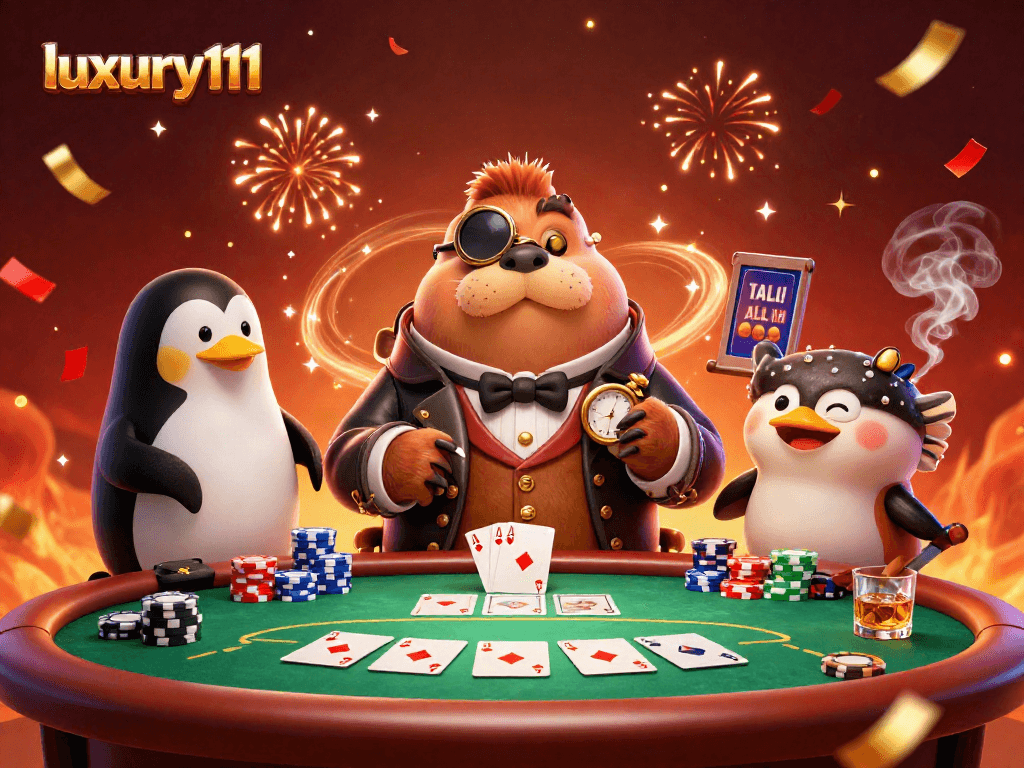 Experience the thrilling poker scene with luxury111 featuring a walrus, penguin dealer, and bluffing pufferfish!