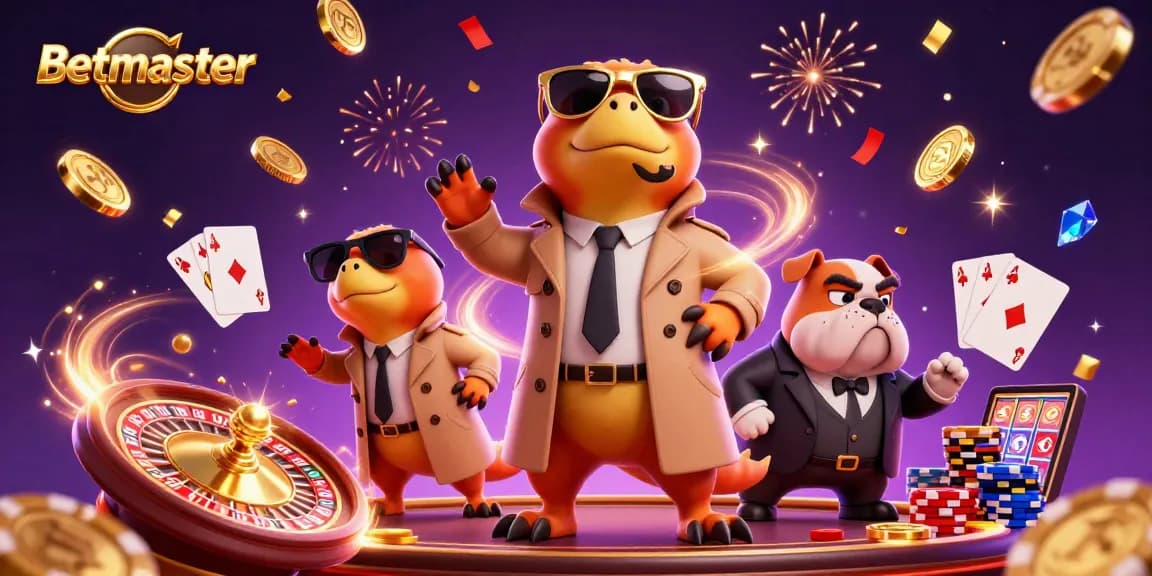 Betmaster offers thrilling casino fun with cartoon raptors in a trench coat entering a VIP lounge, surrounded by sparkling game elements.