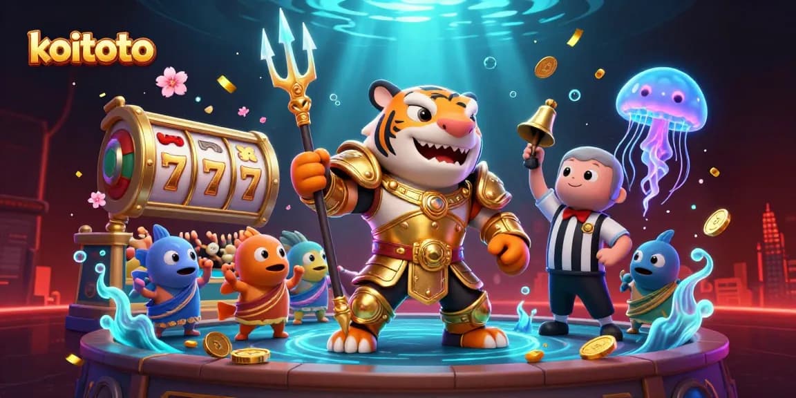 Koitoto showcases a spirited underwater casino scene with a gladiator shark and vibrant slot elements.
