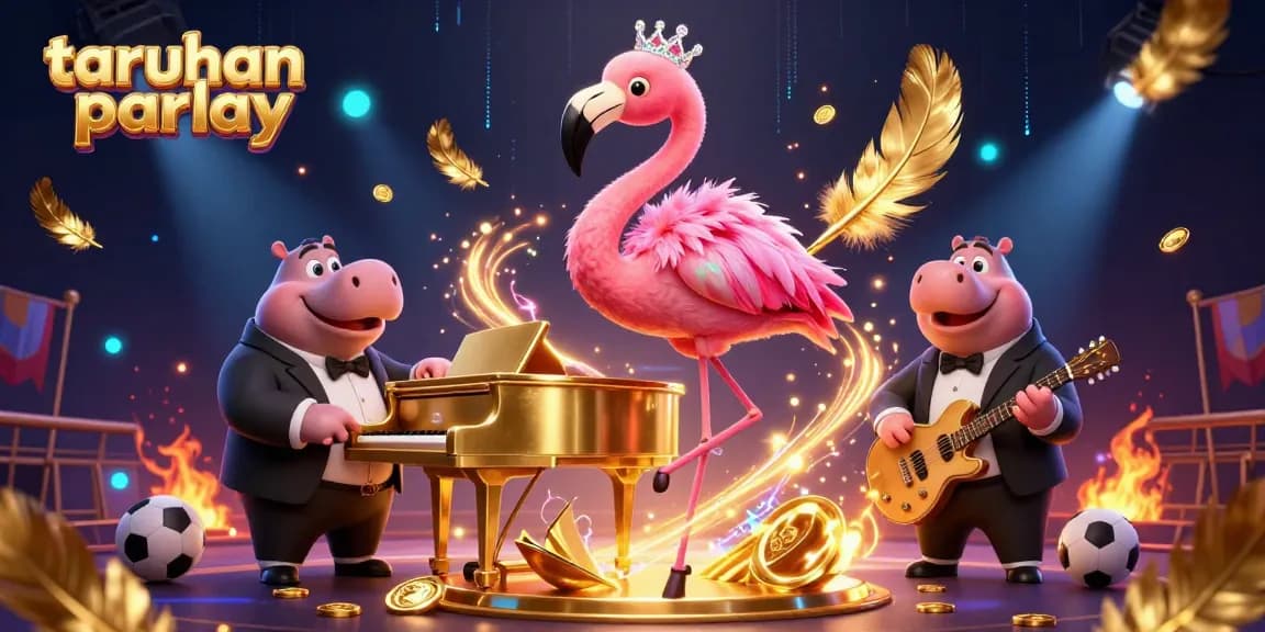 Taruhan parlay dalam suasana kasino dengan penyanyi flamingo dan bassist hippo yang energik.