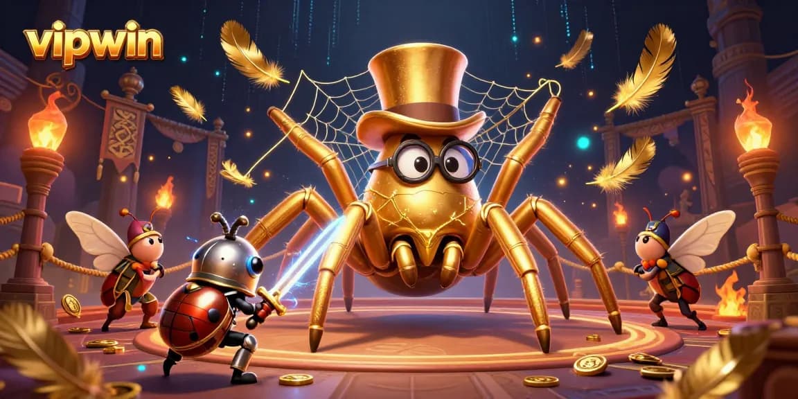 Experience the exciting world of vipwin with a golden tarantula weaving webs in a vibrant casino