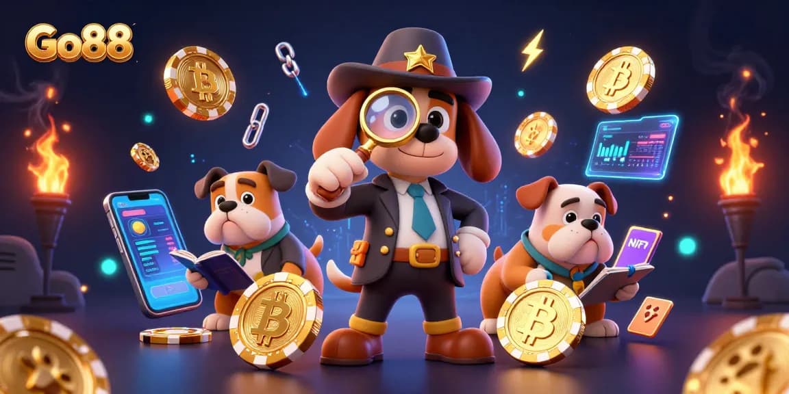 Experience thrilling treasures at Go88 with a detective discovering poker clues in a cartoon casino.