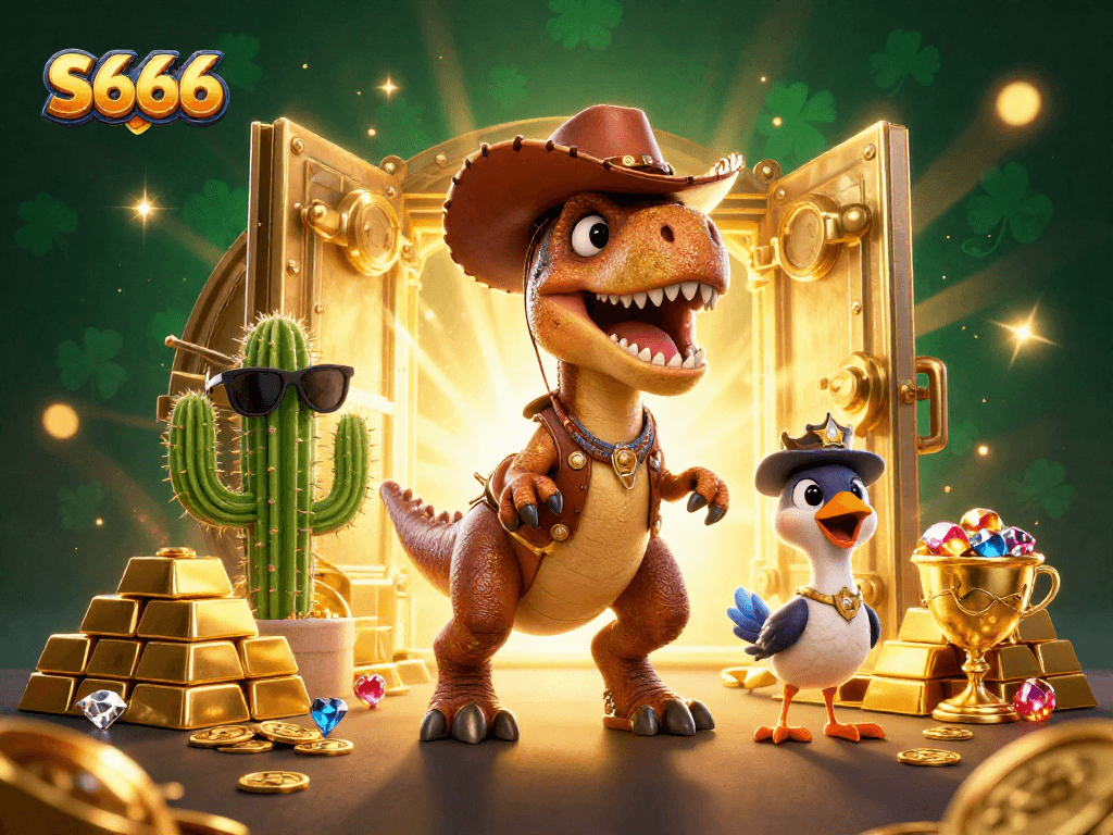 Spin the reels at S666 with a playful cowboy T-Rex, treasures, and jackpot excitement!