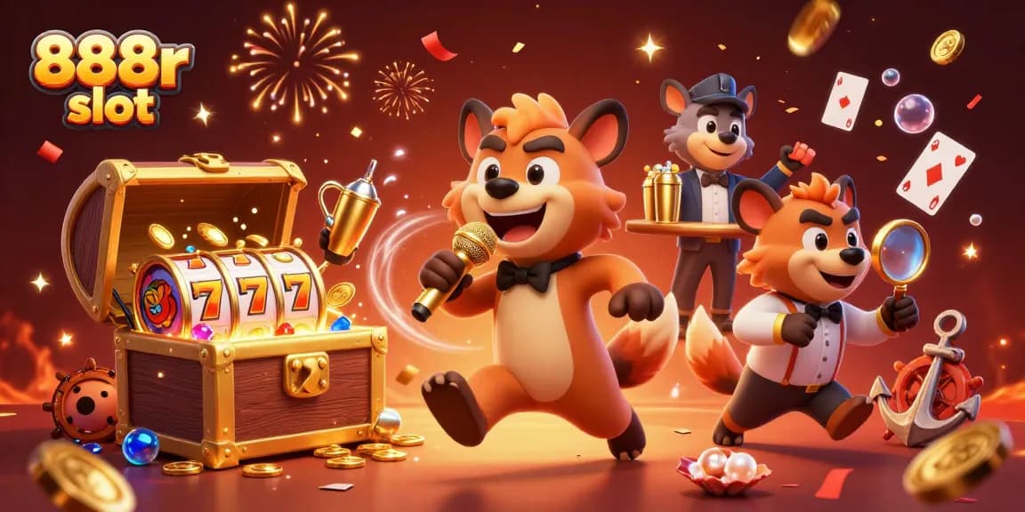 Engage with the vibrant 888r slot experience featuring 3D hyenas in a lively casino scene.