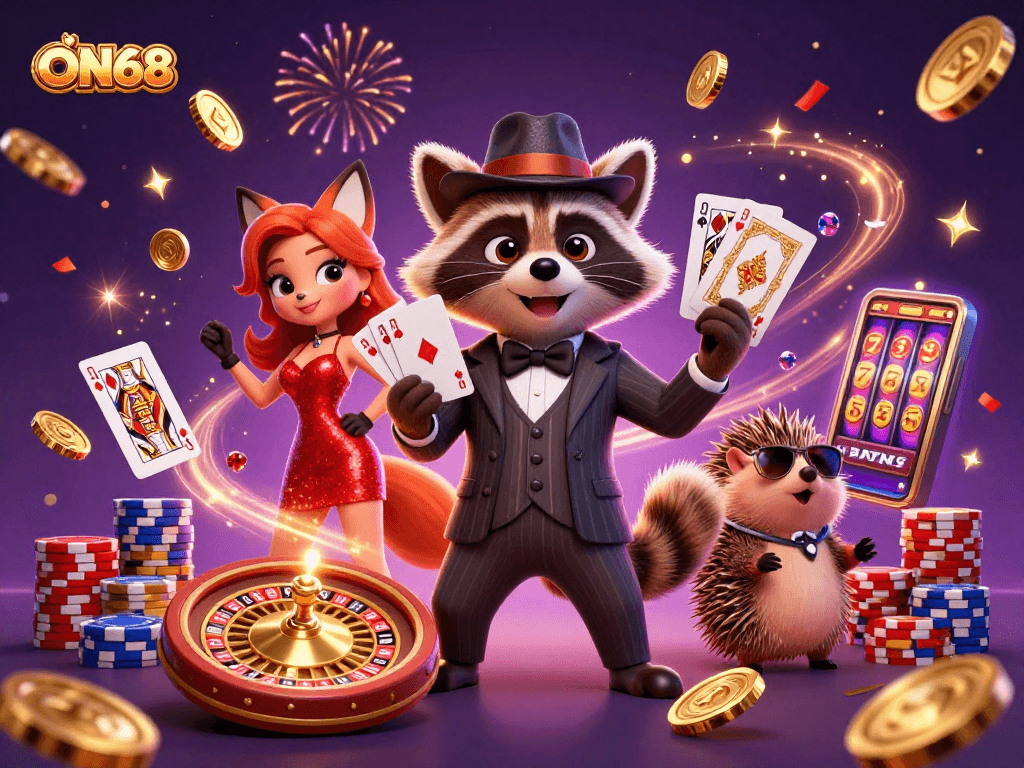 Experience ON68's thrilling casino action with a regal raccoon and glamorous characters in a vibrant 3D scene.