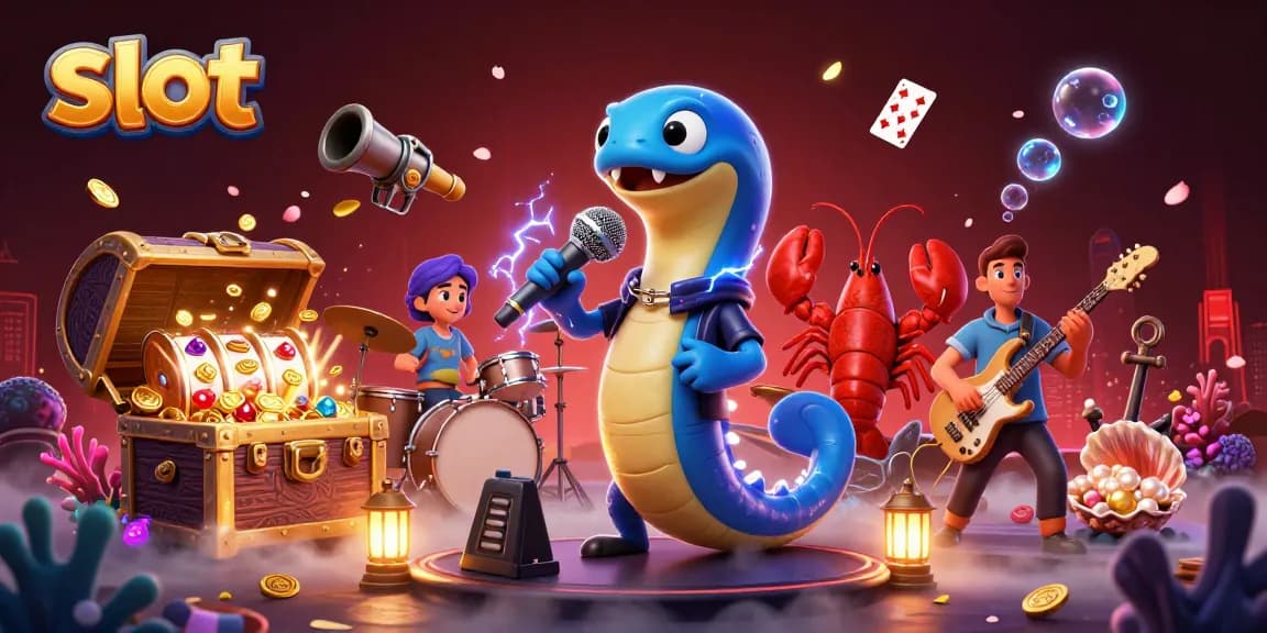 Akui slot dan jackpot dengan ilustrasi kasino bawah laut yang menampilkan ikan belalai DJ.