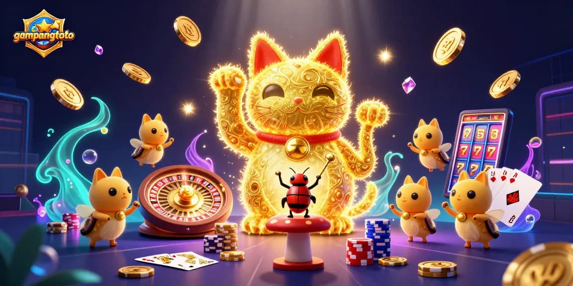 Menang dengan GampangToto melalui ilustrasi kucing beruntung dari kembang api emas dan chip kasino.