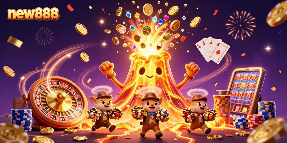 Win big with new888 in this vibrant 3D casino scene featuring treasures and excitement.