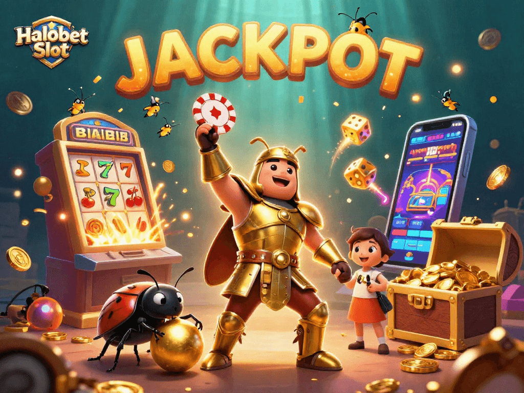 Experience the thrill of Halobet Slot with an action-packed casino scene featuring vibrant characters and game elements.
