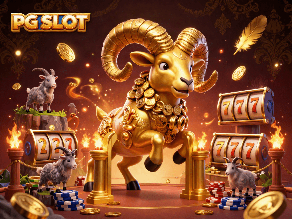 Experience PG SLOT action with a dynamic 3D illustration featuring a golden ram headbutting coins in a vibrant casino scene.