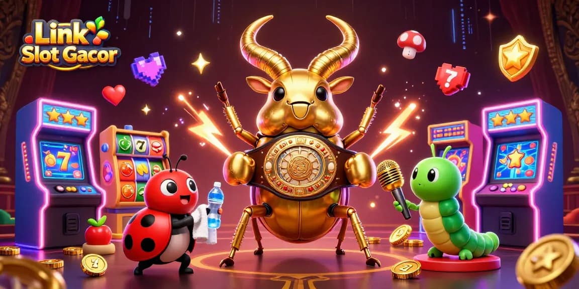 Spin with Link Slot Gacor, featuring vibrant characters and classic slot elements in a dynamic casino setting.