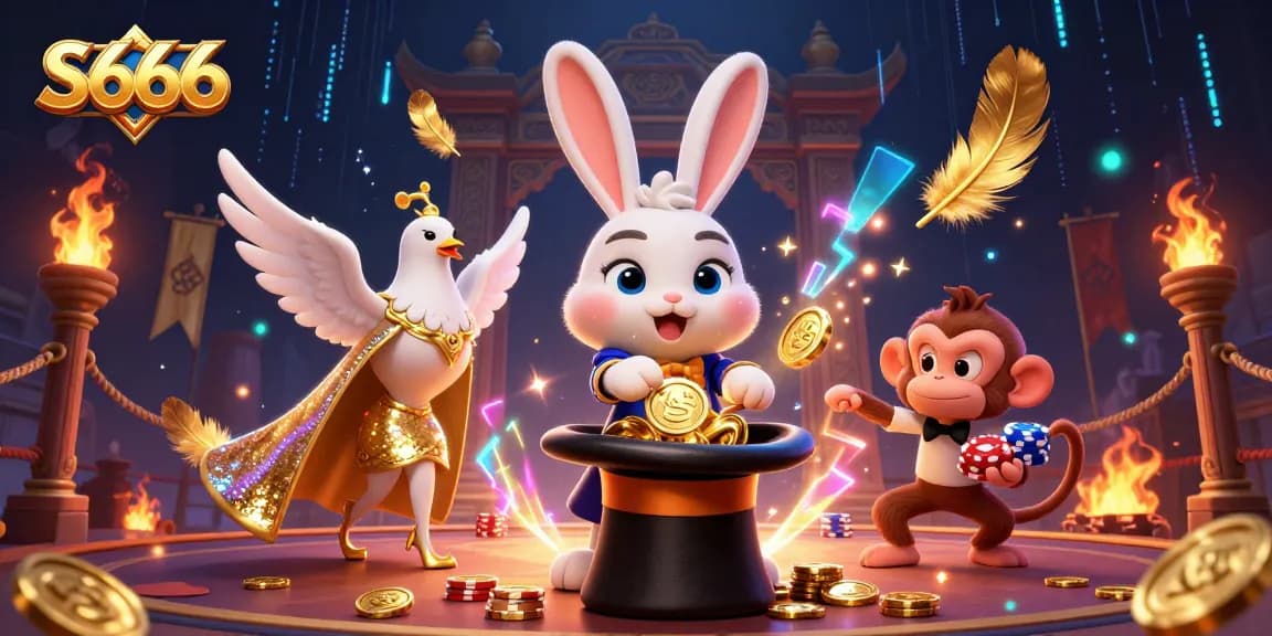 Experience S666's magical casino adventure with a captivating rabbit, dove, and monkey, surrounded by vibrant casino elements.