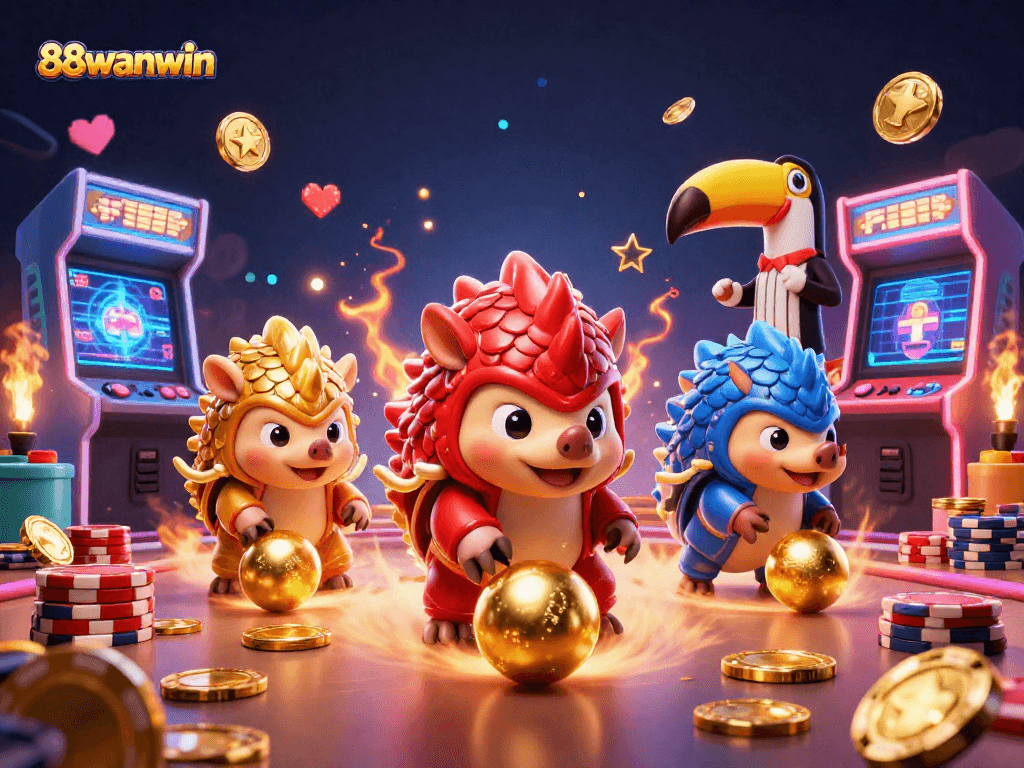 88wanwin showcases engaging competition between rival pangolins in a vibrant casino scene.
