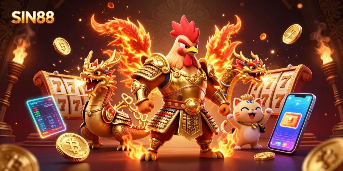 SIN88 fights for jackpots with a spectacular rooster and dragon mascot in a vibrant casino setting