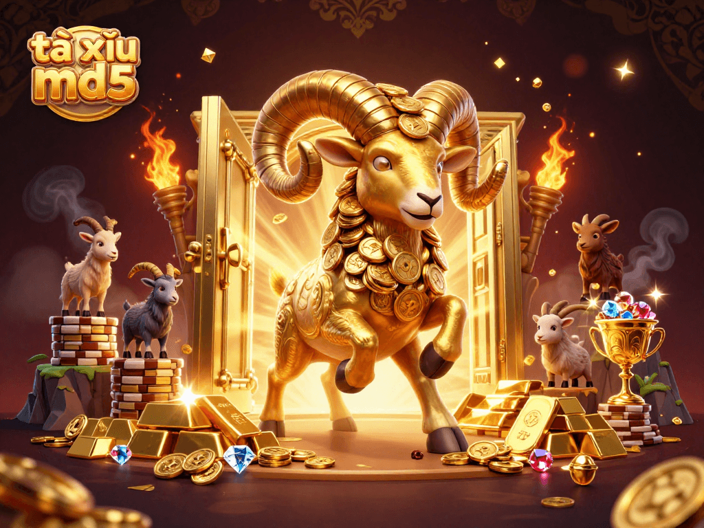 Engage in thrilling tài xỉu md5 gameplay with a golden ram, treasure vaults, and dynamic casino elements.