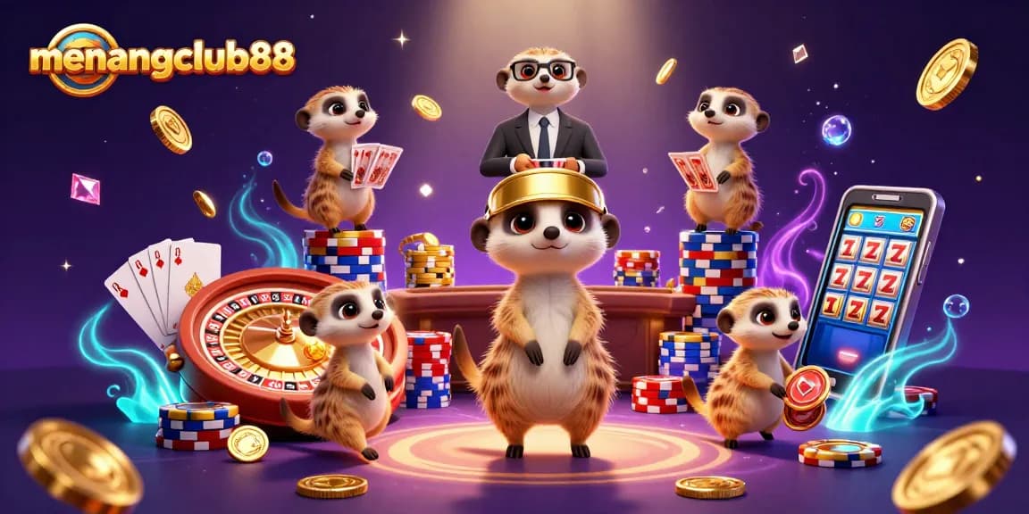 Play winning games at menangclub88 with lively meerkats running a casino in a vibrant 3D illustration.