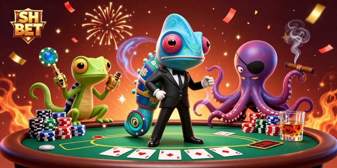 Engage with SH BET as a vibrant casino scene unfolds, showcasing poker action among animated characters.