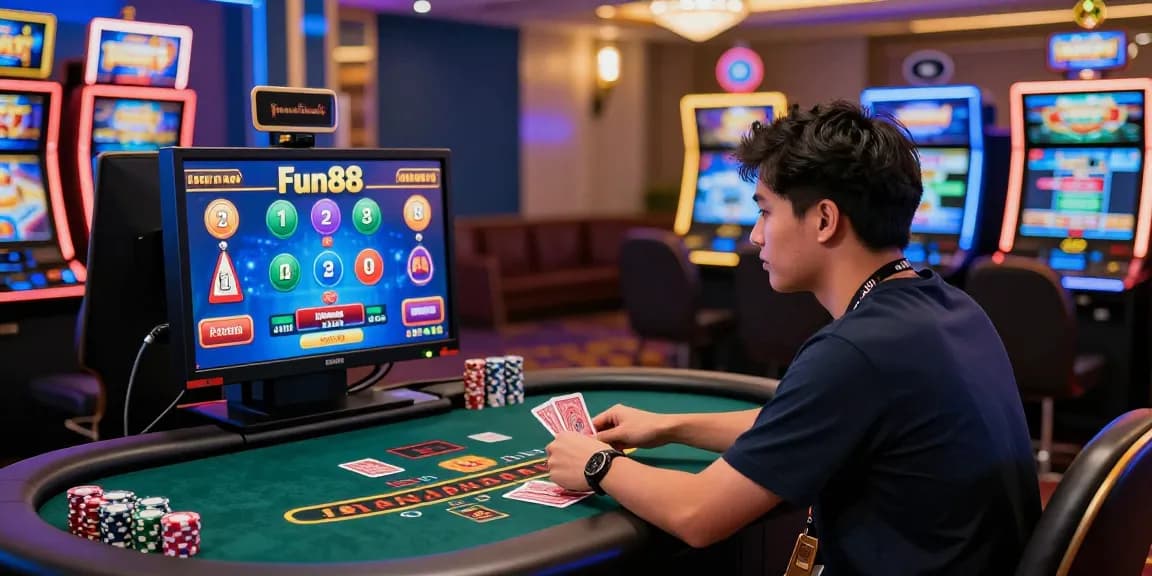 Exciting online gaming atmosphere at Fun88Thailand with a Thai player enjoying live casino action, showcasing vibrant game elements.