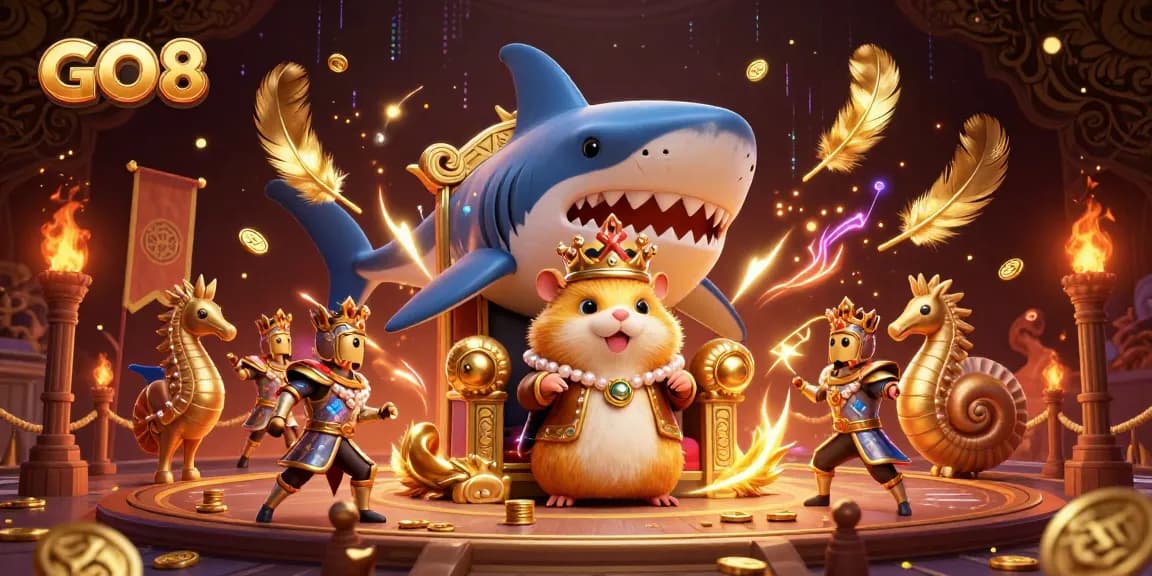 Bet on GO8 with fierce hamster king and royal guards in a vibrant casino setting.