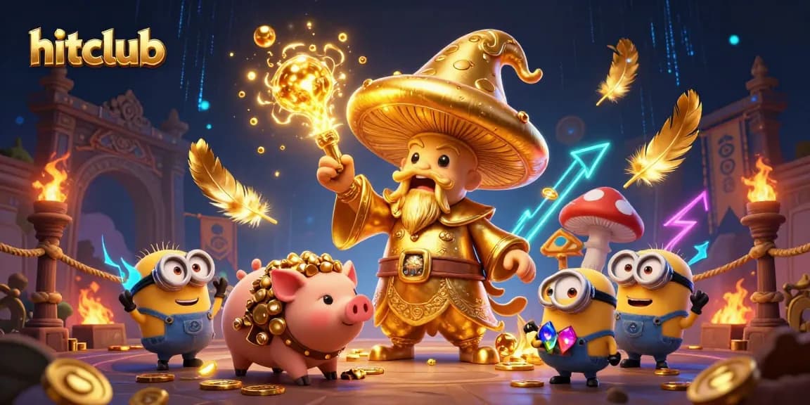 Experience the excitement of hitclub with a magical scene of a golden wizard and treasure-hunting pig in a vibrant casino.