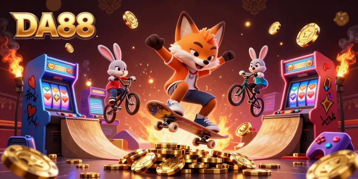 Experience thrilling gameplay at DA88 with a 3D skateboarder fox and BMX rabbit in a vibrant casino setting.