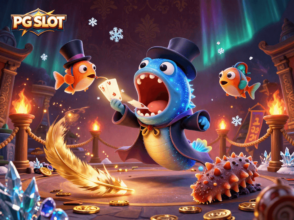 Experience PG SLOT excitement with a bioluminescent eel performing magic tricks surrounded by thrilling casino elements.